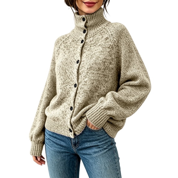 Turtleneck Long Sleeve Solid Color Knit Sweater Jacket for Women Fall Outfits Plain Cute Soft Sweatshirts Dressy Loose Fit Casual Basic Tops Crochet Tops Solid Color Workout Jacket,Khaki,3XL