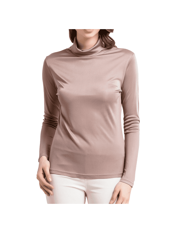 Turtleneck Mulberry Silk Thermal Shirts for Women Long Sleeve Tops Lightweight Base Layer Shirt