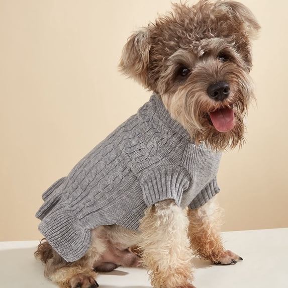 Turtleneck Pet Sweater Dress with Stretchy Ruffled Hem Dog Knit Outfit Warm Winter Cable Knit Pet Clothes For Small Medium Dogs