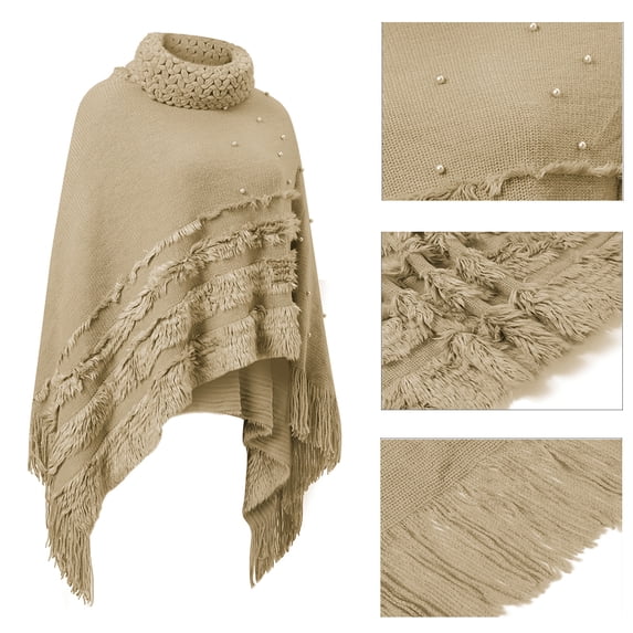 Turtleneck Poncho Sweater Irregular Fringed Hem Pullover Capelet Wrap Coats for Women