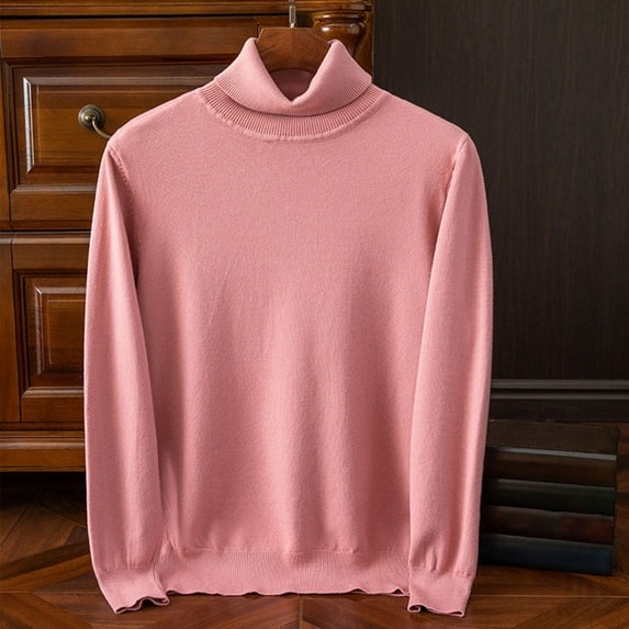 Turtleneck Pullover for Men Long Sleeve Solid Color Sweater Stretchy Slim Fitted Casual Sweaters Winter Tops (2XL, Pink)