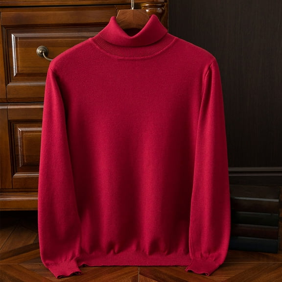 Turtleneck Pullover for Men Long Sleeve Solid Color Sweater Stretchy Slim Fitted Casual Sweaters Winter Tops (2XL, Wine)