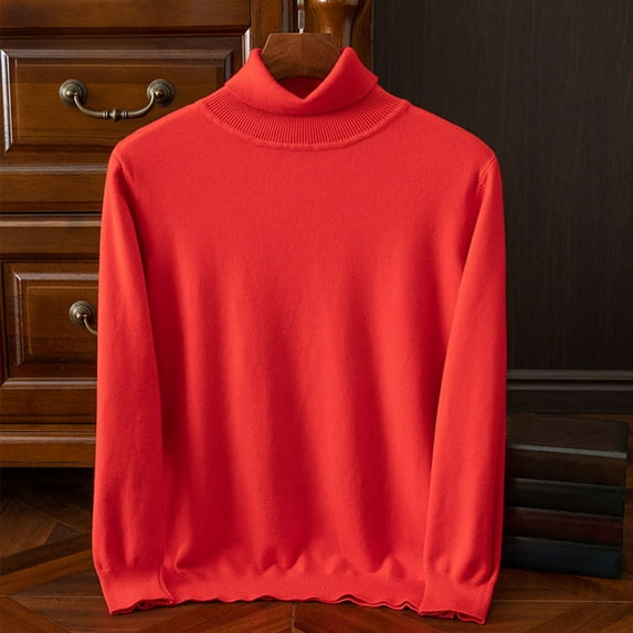 Turtleneck Pullover for Men Long Sleeve Solid Color Sweater Stretchy Slim Fitted Casual Sweaters Winter Tops (L, Red)