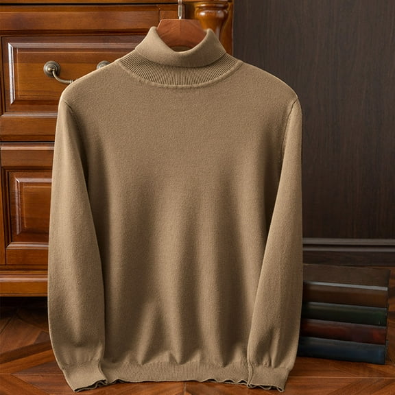Turtleneck Pullover for Men Long Sleeve Solid Color Sweater Stretchy Slim Fitted Casual Sweaters Winter Tops (XL, Khaki)