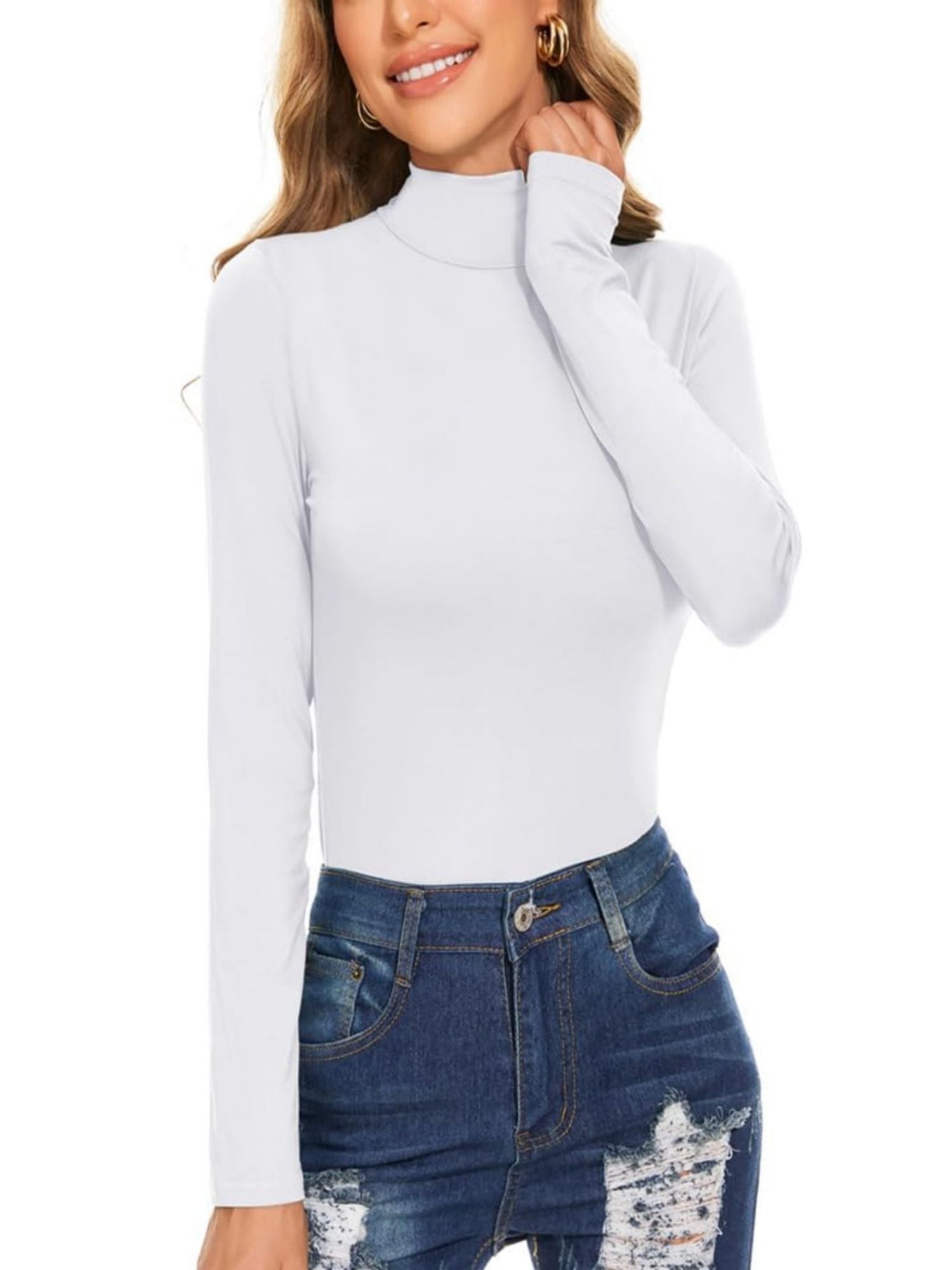Turtleneck Shirt Women Long Sleeve Mock Neck Slim Fit Tops Base Layer ...