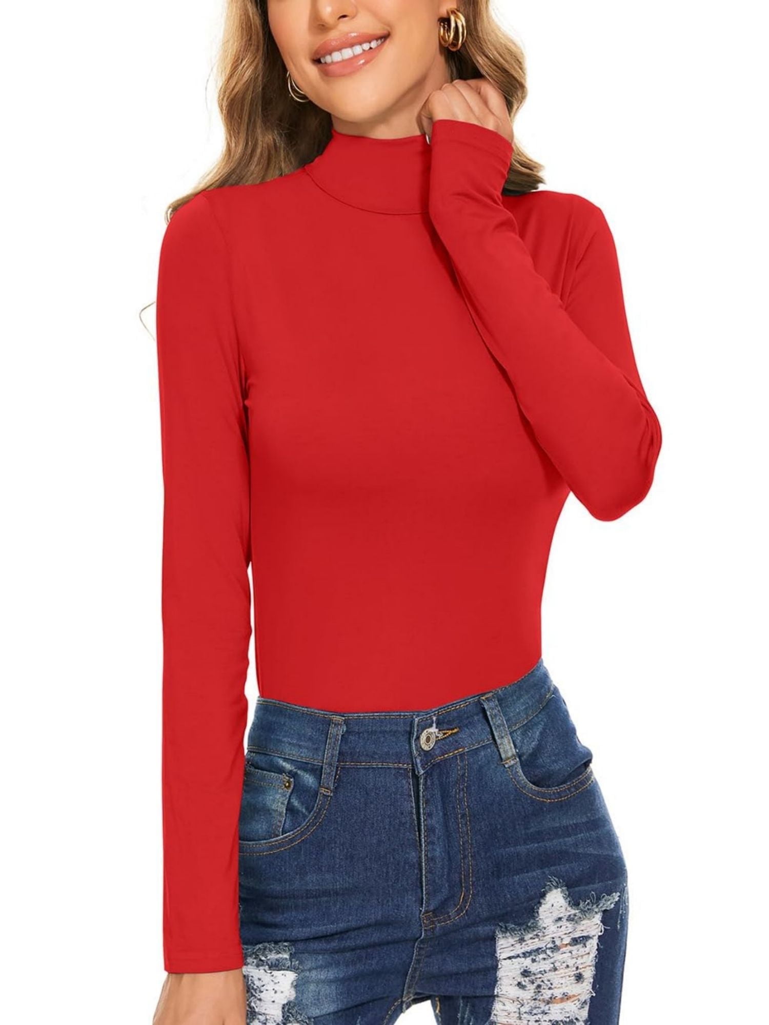 Turtleneck Shirt Women Long Sleeve Mock Neck Slim Fit Tops Base Layer ...
