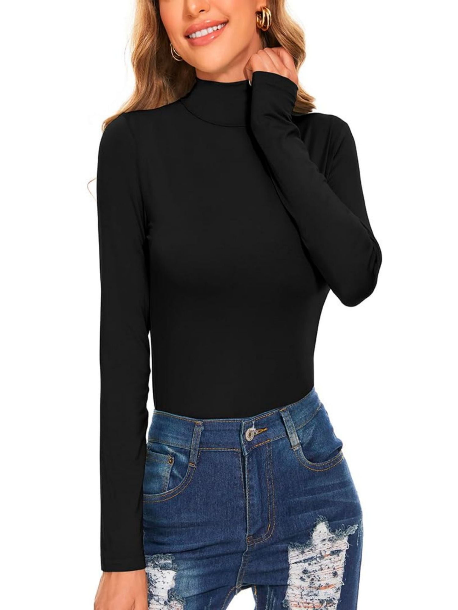 Turtleneck Shirt Women Long Sleeve Mock Neck Slim Fit Tops Base Layer ...