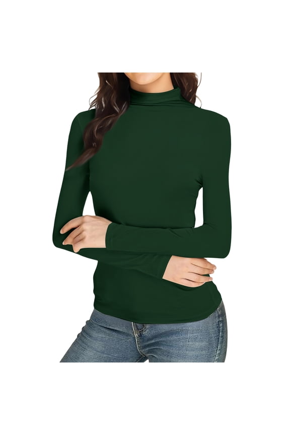 Turtleneck Shirt Women-Ribbed Long Sleeve Tops Slim Fitted Base Layer Soft Stretch 2025 Dark Green XXL