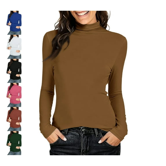 Turtleneck Shirt Women-Ribbed Long Sleeve Tops Slim Fitted Base Layer Soft Stretch Brown S