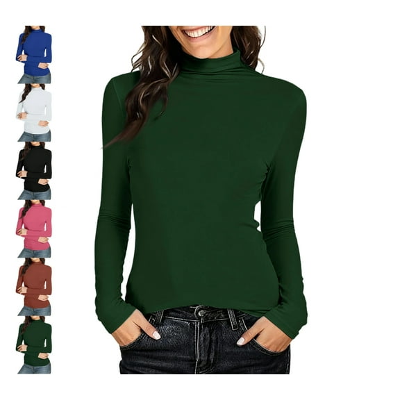 Turtleneck Shirt Women-Ribbed Long Sleeve Tops Slim Fitted Base Layer Soft Stretch Dark Green L