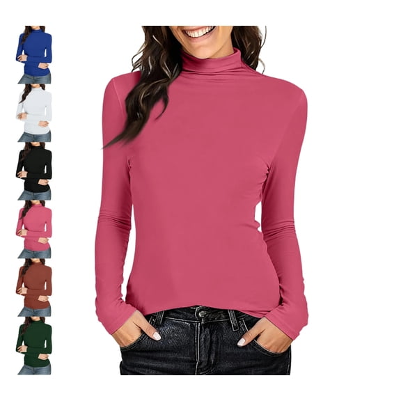 Turtleneck Shirt Women-Ribbed Long Sleeve Tops Slim Fitted Base Layer Soft Stretch Hot Pink L