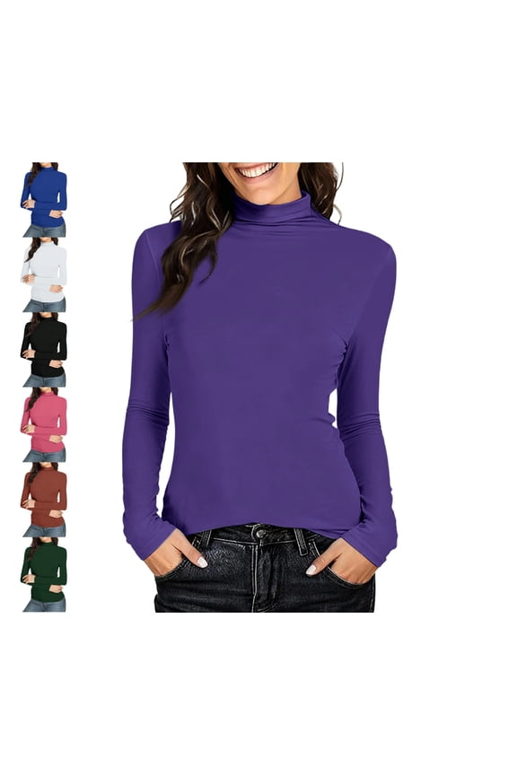 Turtleneck Shirt Women-Ribbed Long Sleeve Tops Slim Fitted Base Layer Soft Stretch Purple M
