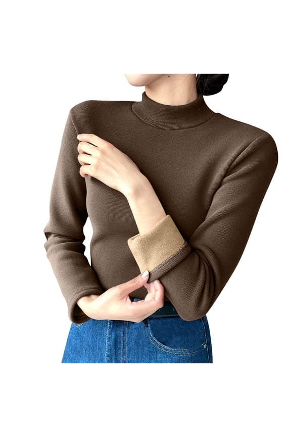 Turtleneck Shirts Womens Slim Fitted Long Sleeve Fleece Lined Pullover Top Winter Cozy Warm Sweater