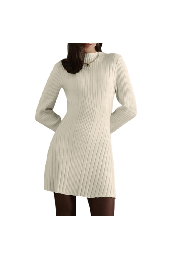 Turtleneck Sweater Dress, Short Sleeveless A-Line Knit Dress, Chic Fall and Winter Dress for Work, Dates, and Holiday Shopping. Beige M