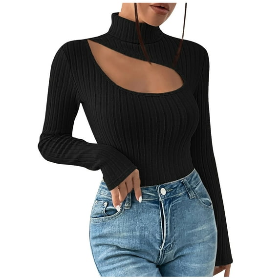 Turtleneck Sweater Fot Women Sexy Front Hollow Out Ribbed Knitted Tops Elegant Office Work Blouse Slim Fit Undershirt