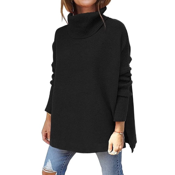 Turtleneck Sweater Mid Length Batwing Sleeve Slit Hem Tunic Pullover Sweaters Winter Tops Women Clothing
