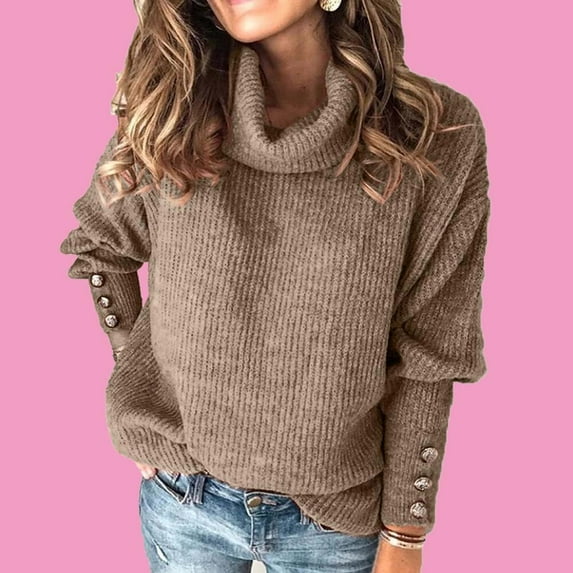 Turtleneck Sweater for Women 2023,Oversized Turtleneck Sweater for Women Chunky Knit Long Sleeve Buttons Pullover Sweaters Solid Color Cowl Neck Fall Winter Slouchy Loose Plus Size Jumper Tops 2024