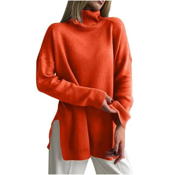 Turtleneck Sweater Women, Drop Shoulder Side Split Oversized Sweaters High Neck Pullover Long Sleeve Fashion Knit Tops (XL, Red)
