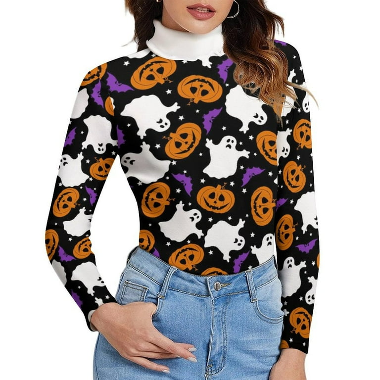 Turtleneck Sweater Women Halloween Ghosts Pumpkins Long Sleeve Turtle Neck Tops Sweaters Mock Turtleneck for Women Slim Fit Basic Casual Tee Womens Fall Fashion 2024 Walmart