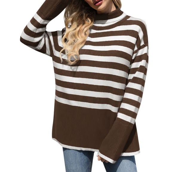 Turtleneck Sweater Women's Striped Turtleneck Sweater Long Sleeve Oversized Knitted Soft Pullover Sweaters Side Split Sweaters For Women
