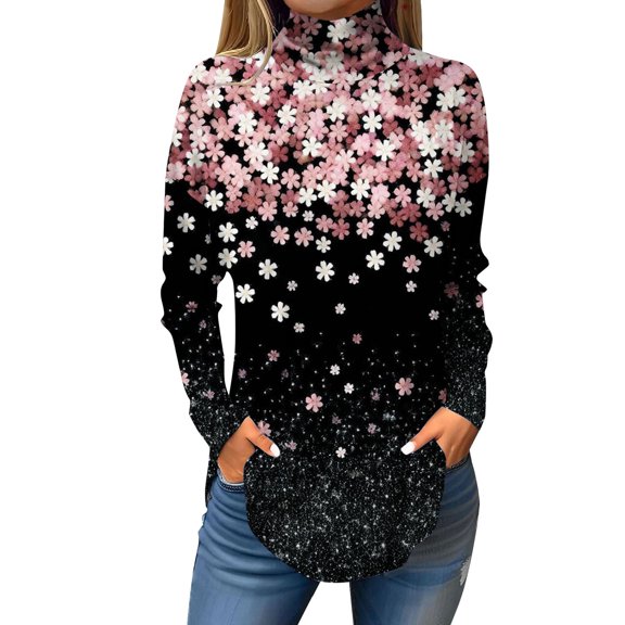 Turtleneck Sweater Women's Tops To Wear With Leggings Ethnic Floral Long Sleeve Shirts Tunic Mock Neck Sweatshirt Drop Shoulder Outfits Sweaters For Women