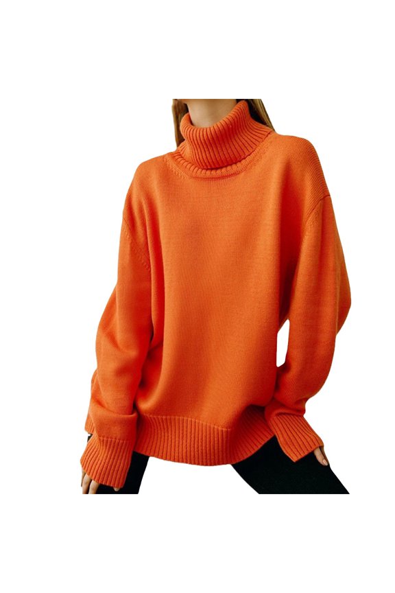 Turtleneck Sweater Women's Turtleneck Sweater Fall Winter Chunky Knitted Pullover High Low Hem Trendy Basic Jumper Top Sweaters For Women
