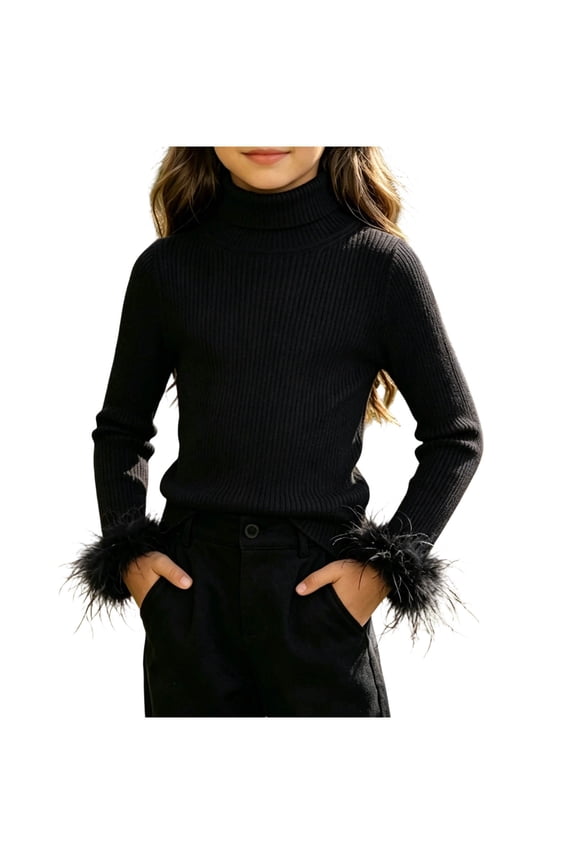 Turtleneck Sweaters for Girls Solid High Rib Knit Top with Fluffy Fuax Fur Cuff Thermal Holiday Layering Pullover Sweaters
