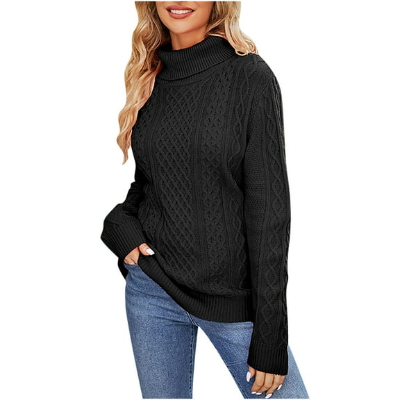 Turtleneck Sweaters for Women Casual Long Sleeve Sweaters Loose Crewneck Knit Solid Pullover Sweater Jumper Tops for Girls Black XXL
