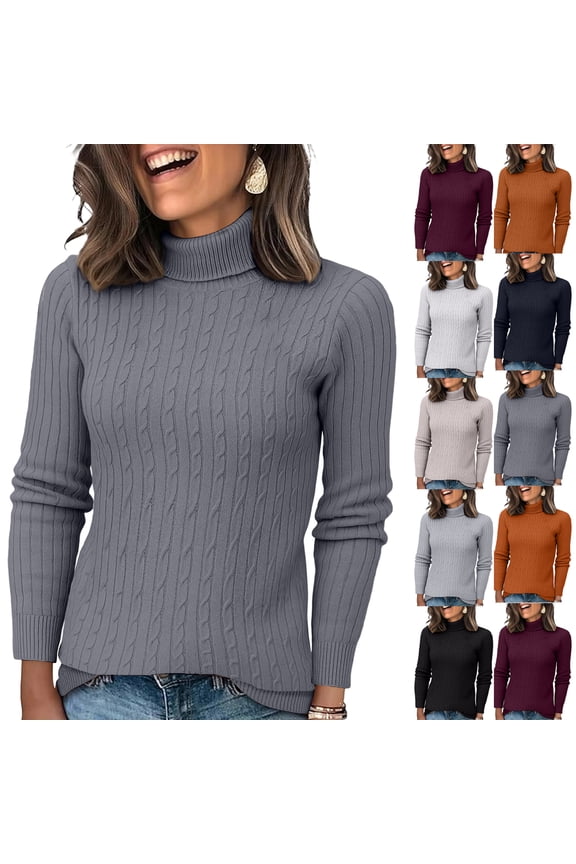 Turtleneck Sweaters for Women Fall Fitted Long Sleeve Ribbed Knit, Basic Casual Pullover Navy L