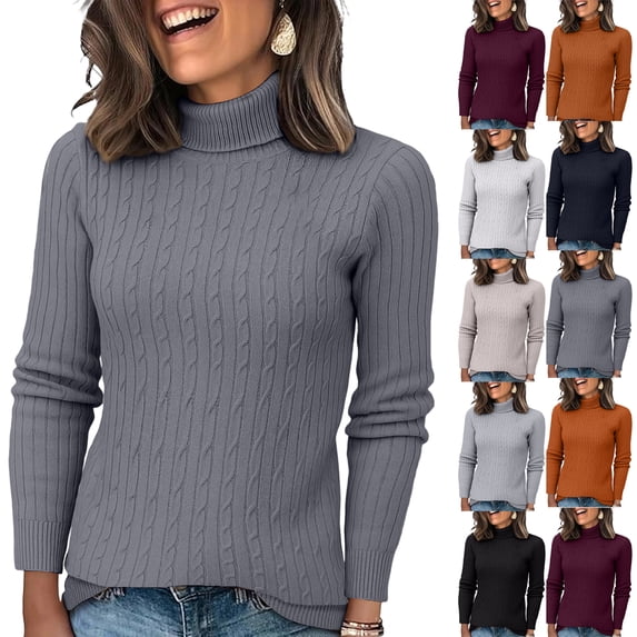 Turtleneck Sweaters for Women Fall Fitted Long Sleeve Ribbed Knit, Basic Casual Pullover Navy M