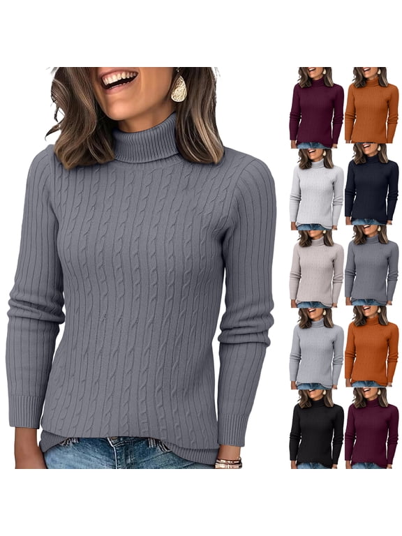 Turtleneck Sweaters for Women Fall Fitted Long Sleeve Ribbed Knit, Basic Casual Pullover Navy M