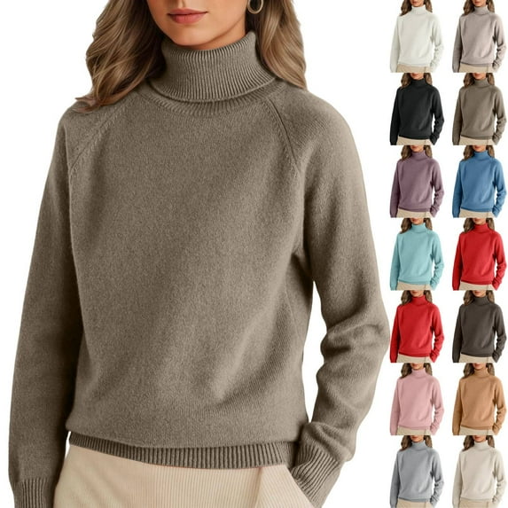 Turtleneck Sweaters for Women Long Sleeve Pullover Tops Lightweight Cozy Warm Knitted Jumper Winter, Light Brown L