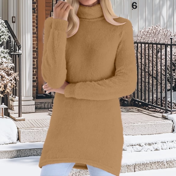 Turtleneck Sweaters for Women Oversized Fuzzy Fleece Long Sweaters Long Sleeve Fashion Pullover Tops Soft Winter Clothes Khaki S