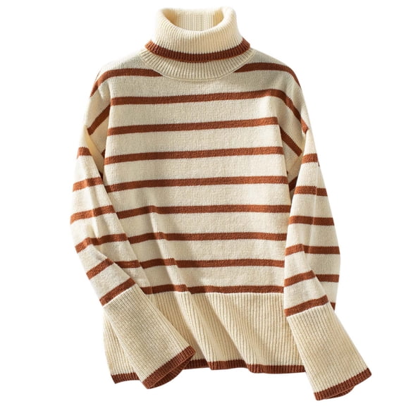 Turtleneck Sweaters for Women Winter New Knitted Pullover High Neck Lapel Temperament Commuting Striped Plus Size Sweater Turtleneck Long Sleeve