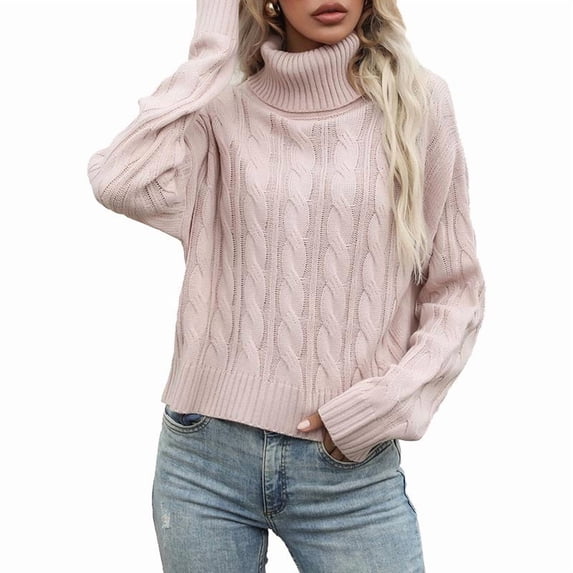 Turtleneck Sweaters for Womens 2026 Fall Winter Clothes Long Sleeve Jacquard Cable Knit Casual Pullover Tops (S, Pink)