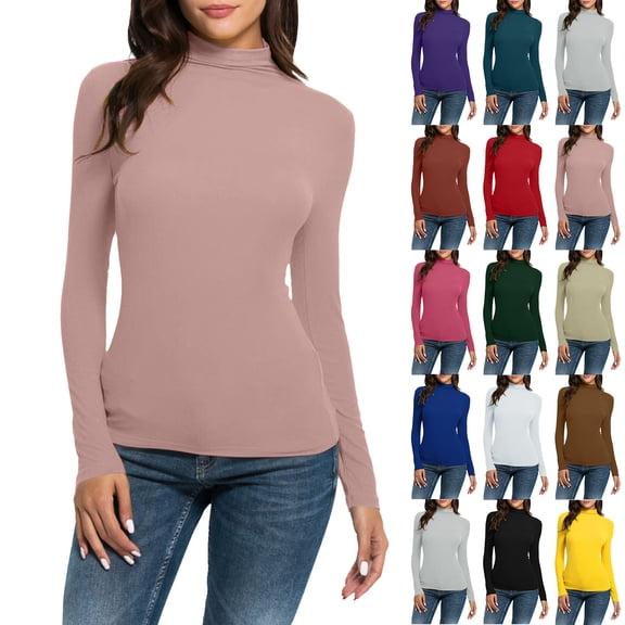 Turtleneck Tops for Women Basic Slim Long Sleeve Tops Thermal Lightweight Casual Tight Shirts for Women Yellow 2XL