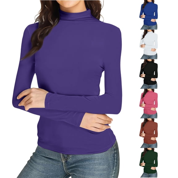 Turtleneck Tops for Women Basic Slim Solid Color Long Sleeve Tops Thermal Lightweight Casual Tight Shirts for Women Purple 2XL