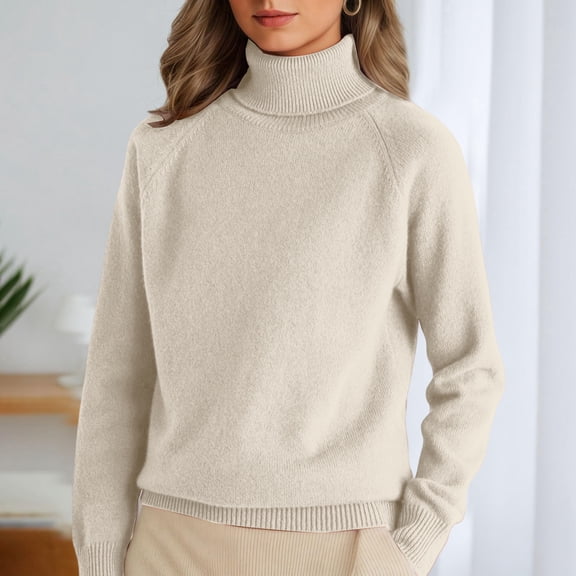 Turtleneck Tops for Women Sweaters Long Sleeve Jumper Knitted Pullover Warm Sweater 2025 Beige M