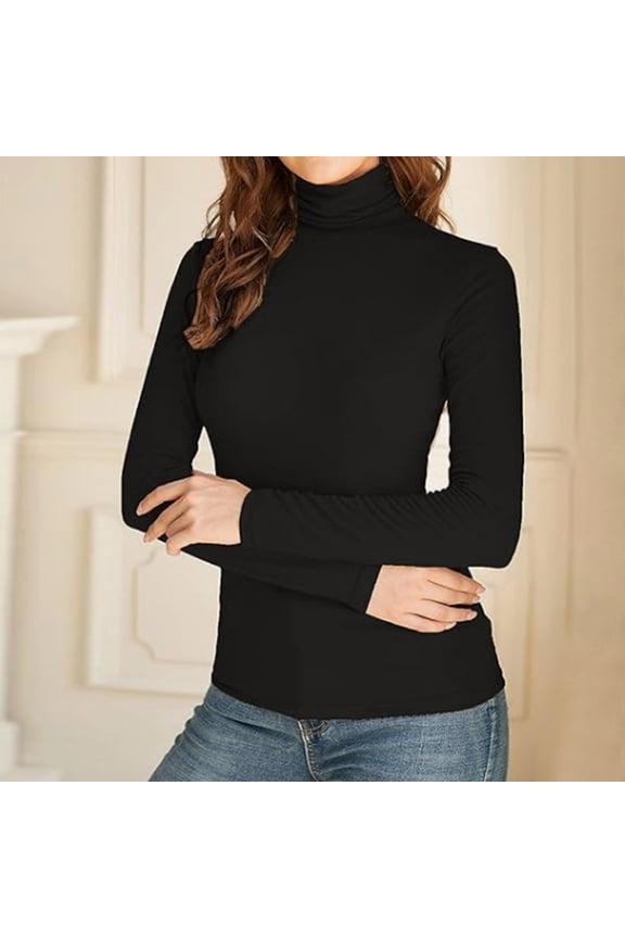Turtleneck Tops for Women Fall Casual Long Sleeve Basic Slim Fitted Knit Tops Base Layer Thermal Shirts Lightweight Pullover Black S