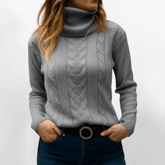 Turtleneck Women Long Sleeve Cable Knit Sweaters Pullover Lightweight Sweater Gray M