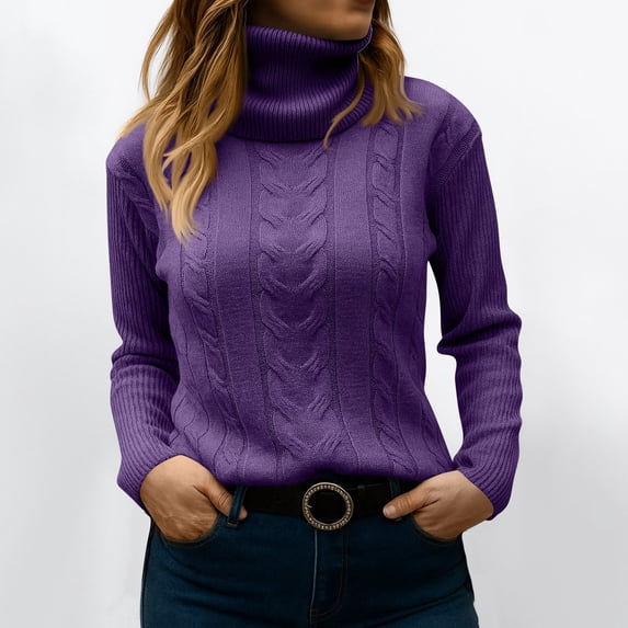 Turtleneck Women Long Sleeve Cable Knit Sweaters Pullover Lightweight Sweater Purple XL