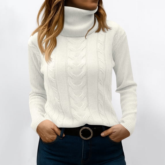 Turtleneck Women Long Sleeve Cable Knit Sweaters Pullover Lightweight Sweater White L
