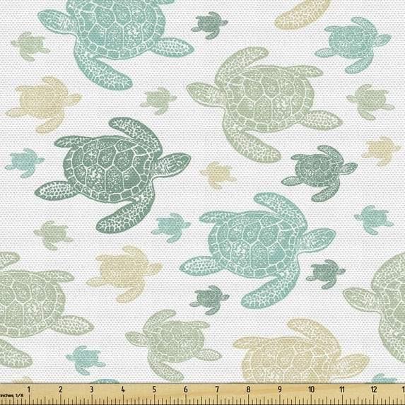 Ambesonne Turtles Fabric by the Yard Upholstery, Repeating Animals Print, 3 Yards, Seafoam and Grey Yellow