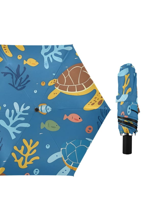 Turtles Fishes Corals All Weather Umbrella Triple Folding Parasol 6 Ribs UV Protection Portable