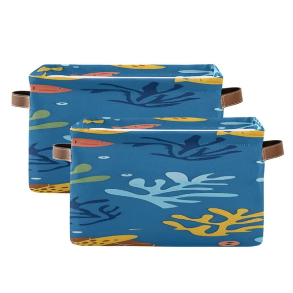 Turtles Fishes Corals Square Storage Bins with Handles Collapsible Containing Box 2 Packs