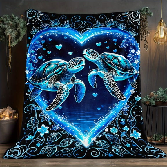 Turtles in Heart Blanket - Soft Flannel Throw with Sea Turtle Couple in Heart, Deep Blue Oceanic Design - All-Season Couch, Bed, Camping Blanket - Home Decor
