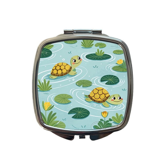 Turtles Swimming In Pond Travel Makeup Handbag Purse Small Pocket Compact Mirror