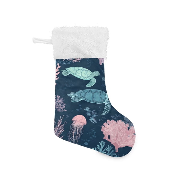 Turtles Water Plants Jellyfishes Vintage Christmas Stockings Large Capacity 18 inch Gift Bag with Hook Xmas Holiday Decor 1 Pack