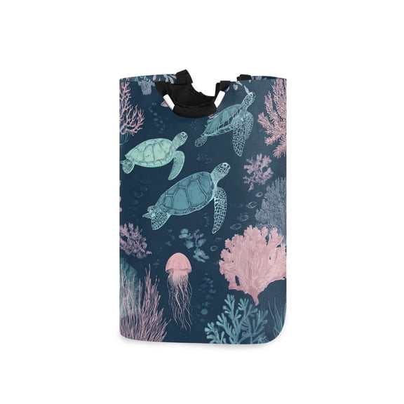 Turtles Water Plants Jellyfishes Vintage Laundry Basket with Handles Foldable Laundry Hamper Freestanding Washing Bin 50L