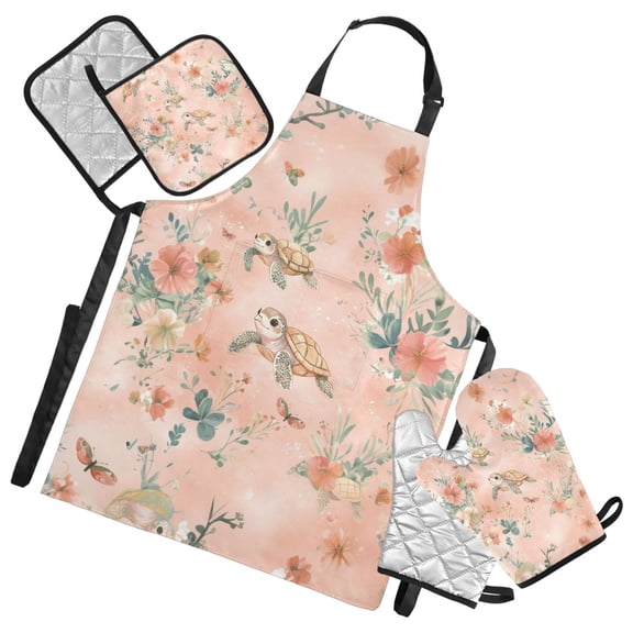 Turtles and Flowers on Pink Oven Mitts and Pot Holders with Chef Apron Set 5 Pcs Kitchen Cooking Set